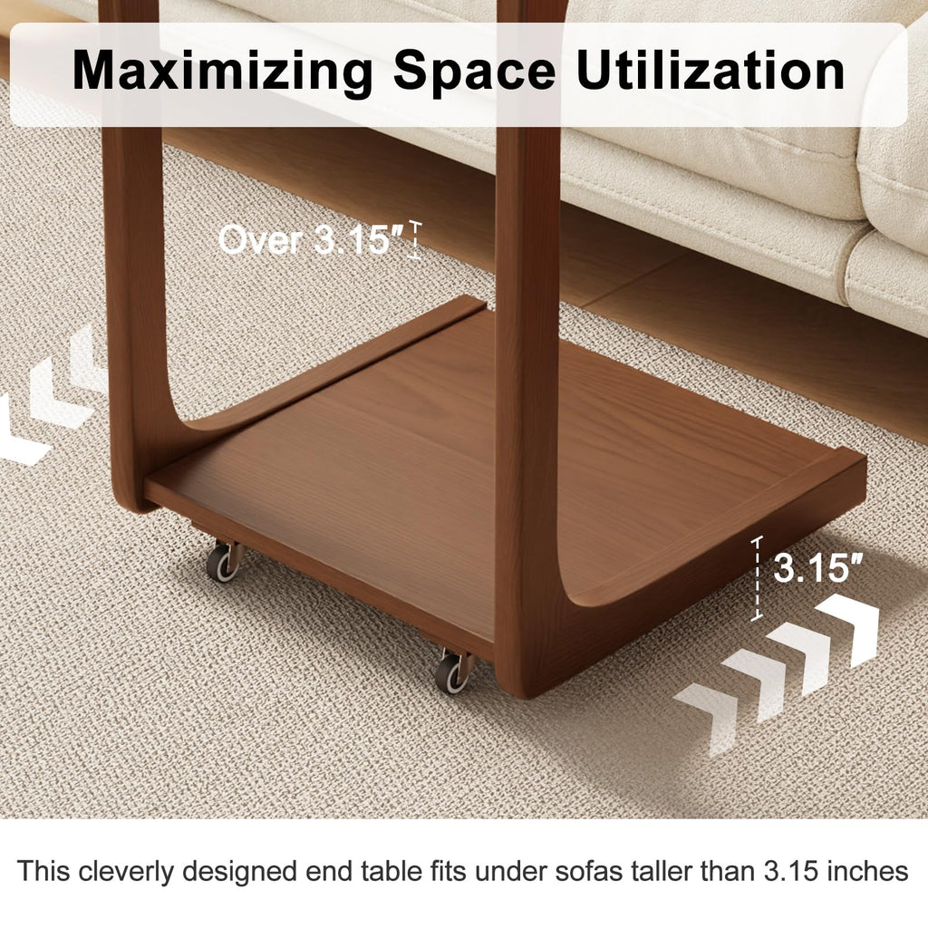 Wooden C-Shaped End Table, Couch Table with Adjustable Desktop, Small Rolling Side Table with 2 Lockable Wheels 23.6"