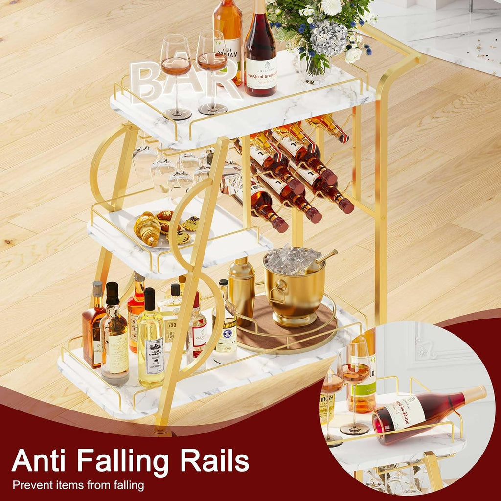 Bar Cart, Gold Bar Carts for The Home, Serving Cart with Wine Glass Holder, 3-Tier Drink Carts with Wheels, Rolling
