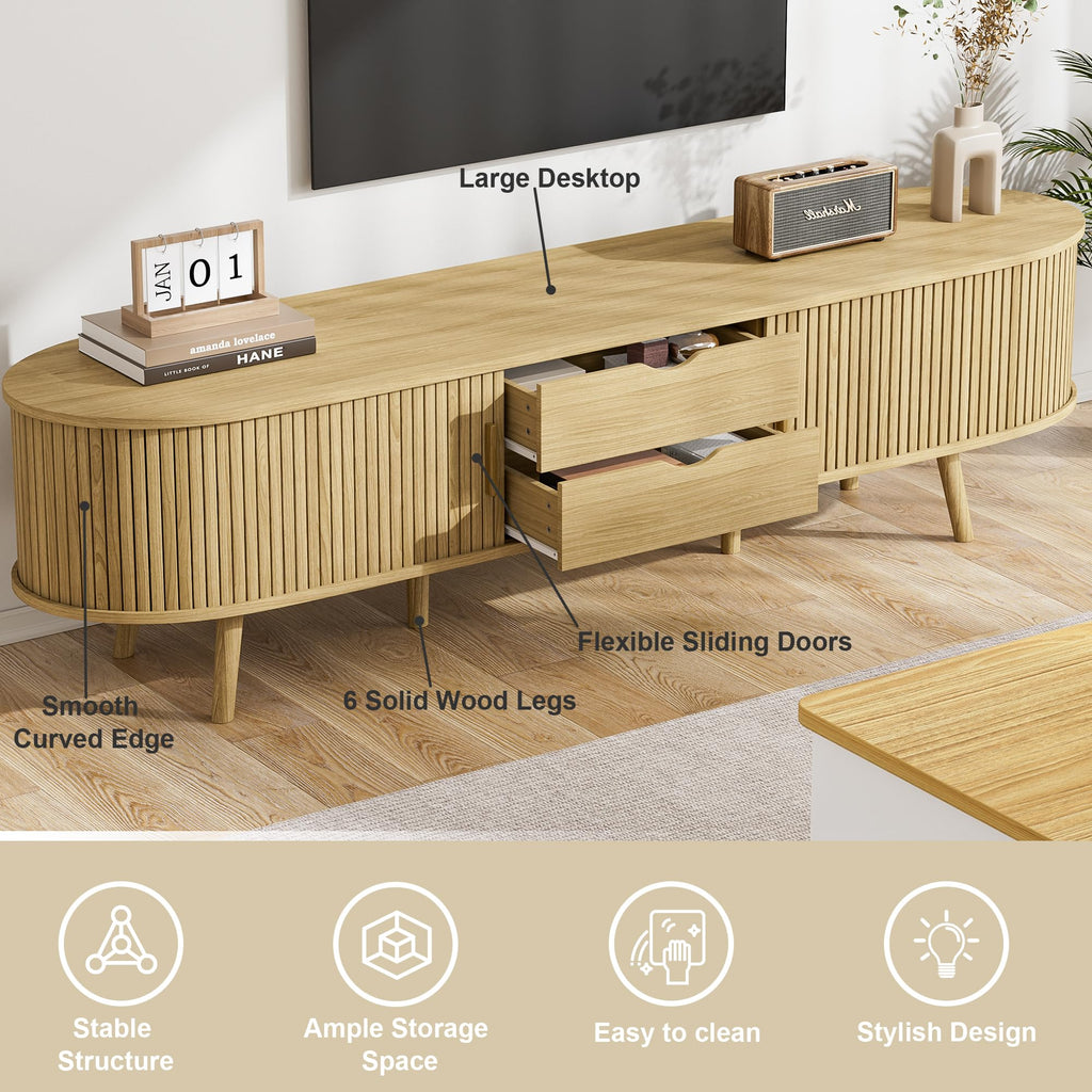 69" Fluted TV Stand, Mid Century Modern TV Stand Fits TVs Up to 75", Wood Entertainment Center, Farmhouse TV and