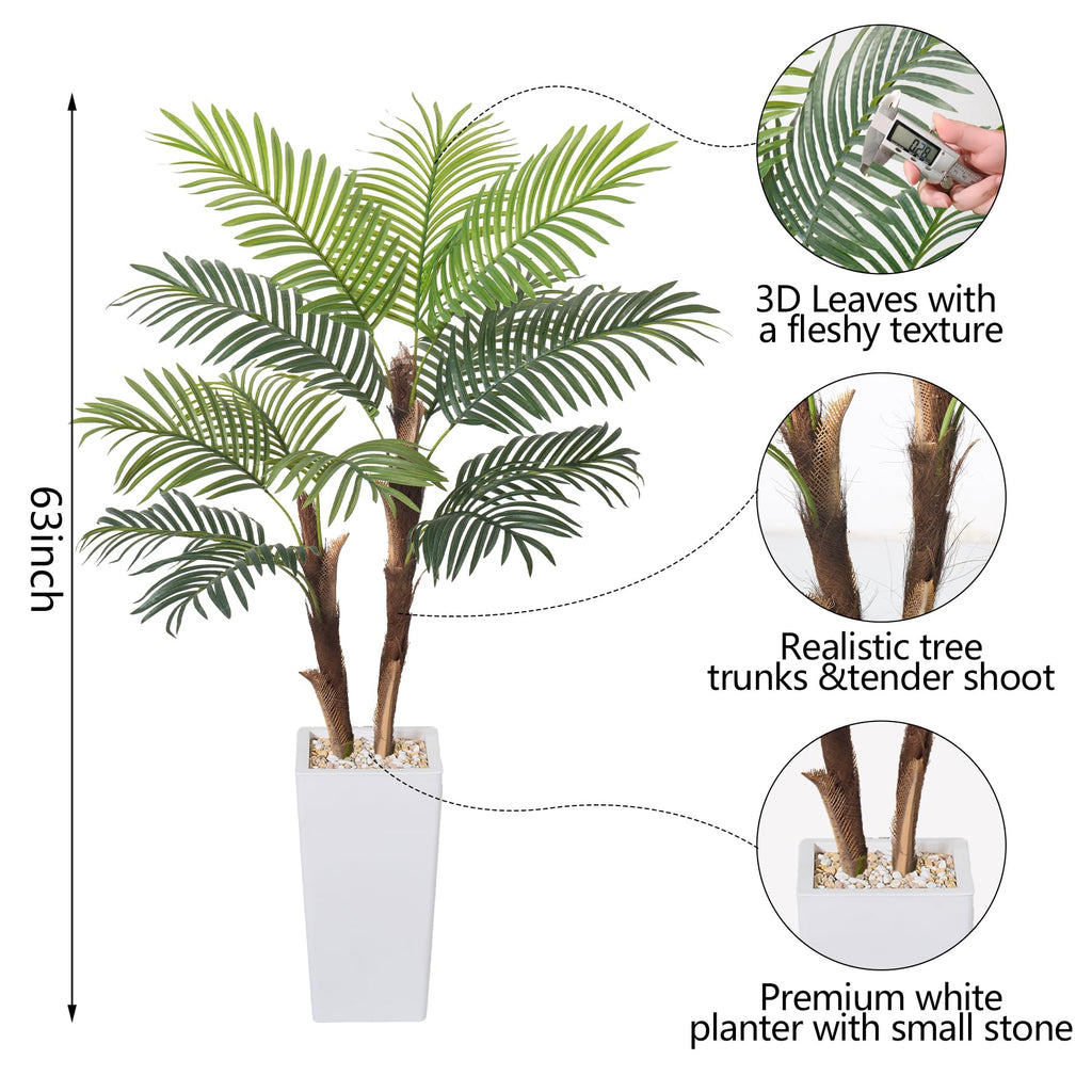 Artificial Palm Tree 5FT, Fake Tree with Realistic Fiber Trunks and White Tall Planter, Faux Tropical Areca Floor