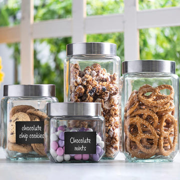 Square Glass Cookie Jars with Airtight Lids + Marker & Labels, Canister Sets Counter or Bathroom - Food Storage - Set of 4
