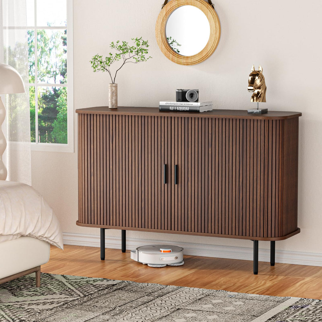 47''W x 32''H Walnut Storage Cabinet, Fluted Sideboard Buffet Cabinet with Storage, Console Table Credenza with