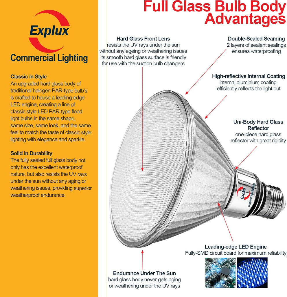 Full Glass LED PAR38 Bulb, 150W Equivalent, Daylight 5000K, 6-Pack
