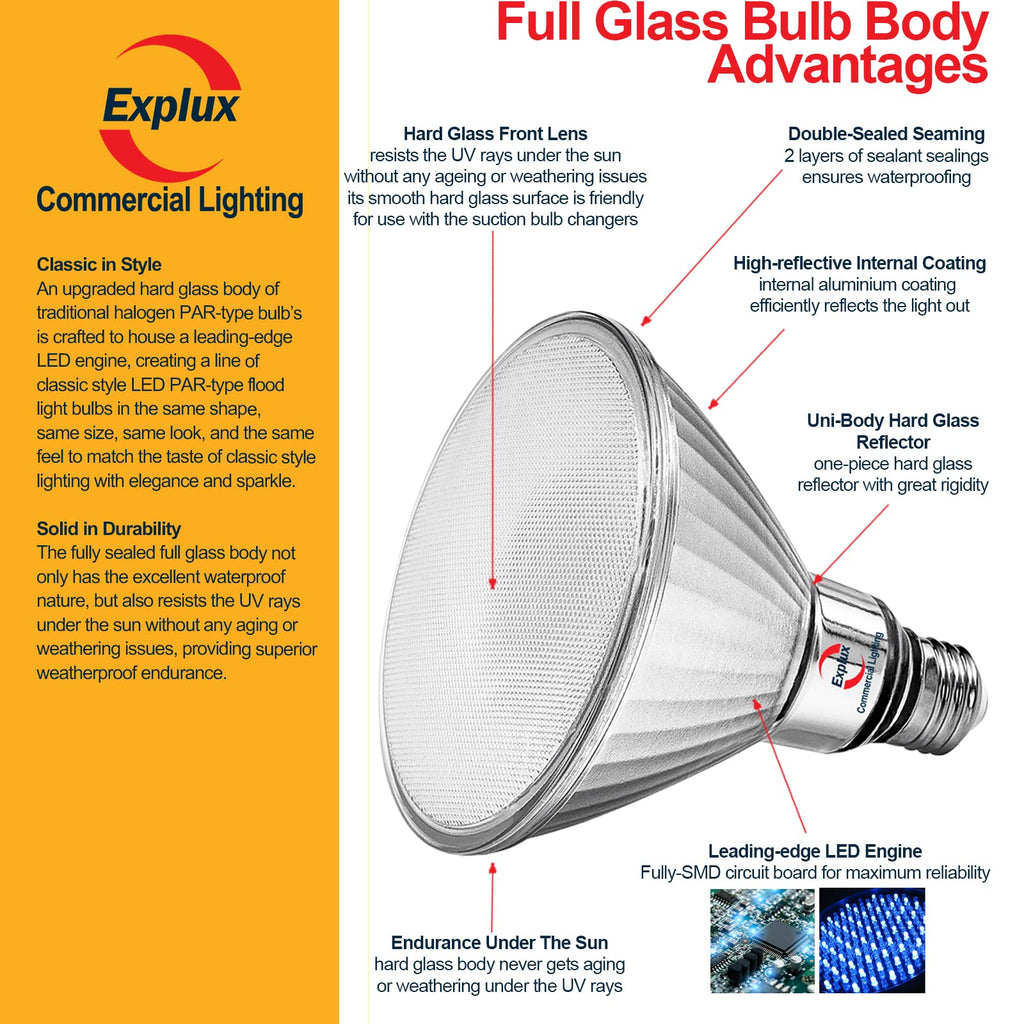 Full Glass PAR38 Outdoor Flood Light, 250W Equivalent, 5000K, 4-Pack
