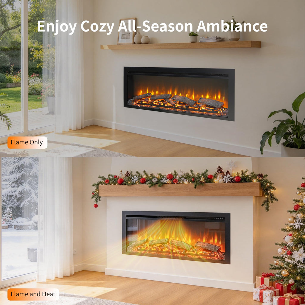 44" Electric Fireplace Insert, Realistic Flame & Resin Log, Adjustable Flame Brightness, Thermostat, Remote, Timer