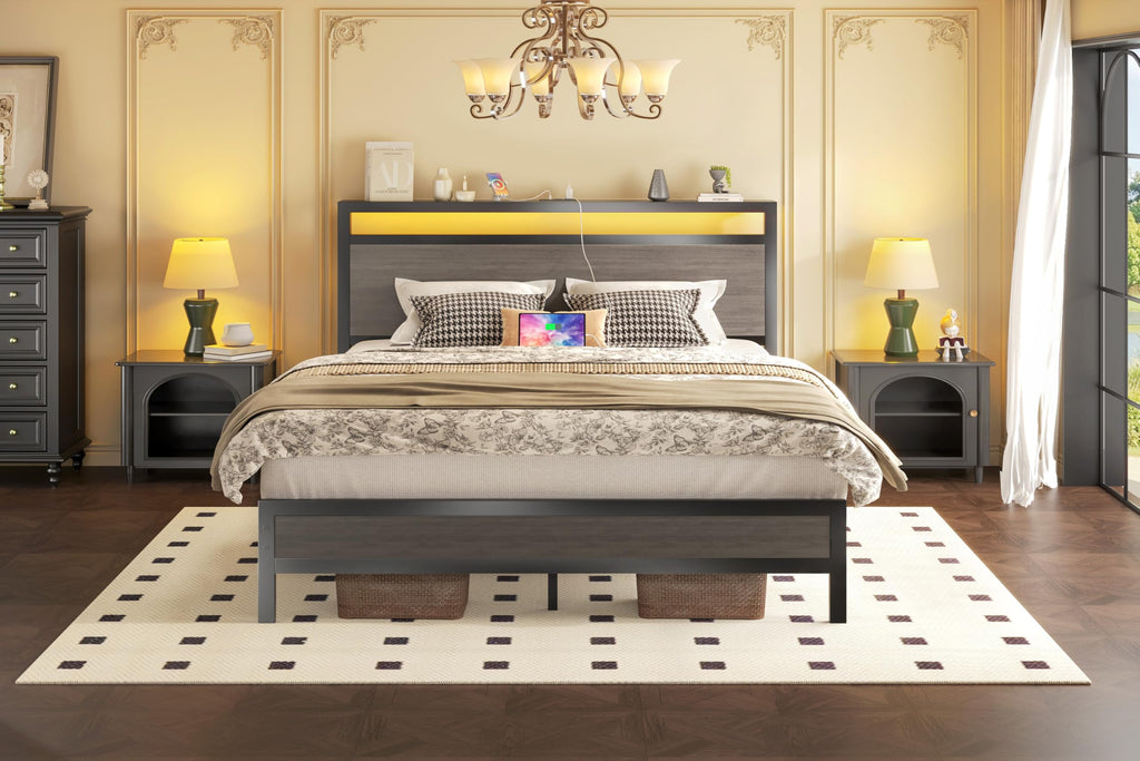 Bed Frame with Headboard & Footboard, Bed Frame with Built-in Charging Station & LED Light, Storage Shelf