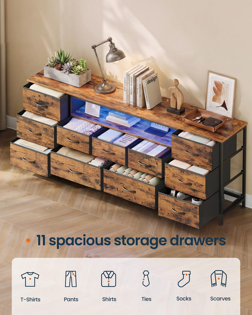 TV Stand with LED Lights, 11 Drawers, 68.6" W, Rustic Brown
