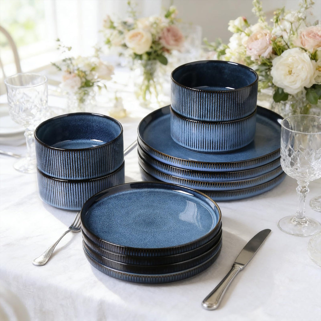 12PCS Ceramic Dinnerware Set for 4, Stoneware Plates and Bowls Sets