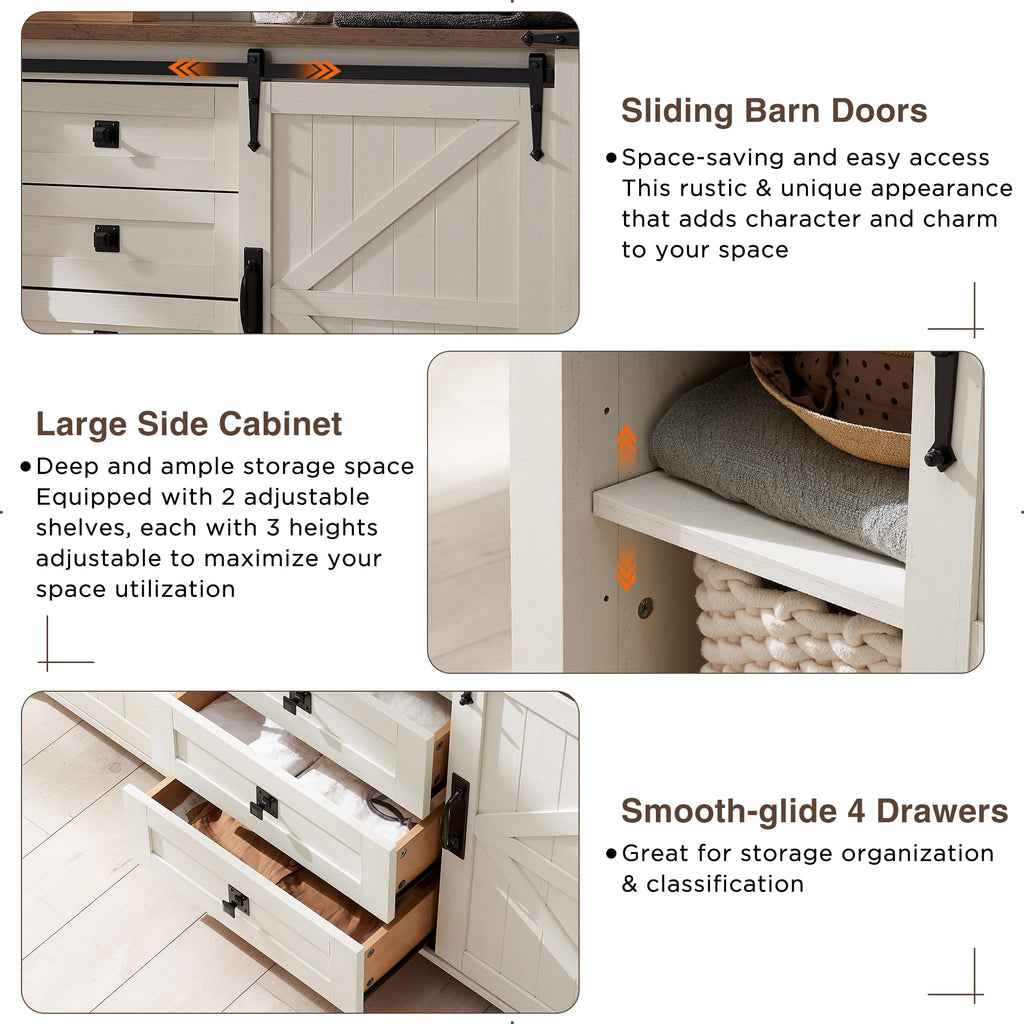 60-Inch Farmhouse Dresser with 4 Drawers and Sliding Barn Doors