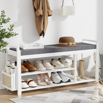 2-Tier Shoe Rack Bench, 39.4 in, White and Dark Grey