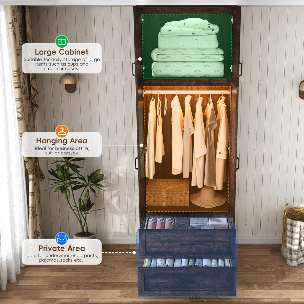 94" Tall Farmhouse Armoire Wardrobe Closet, 4 Doors & 2 Drawers, Brown