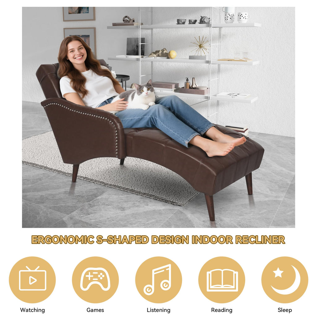 PU Leather Chaise Lounge Chair Indoor, Side Armrest, Dark Brown