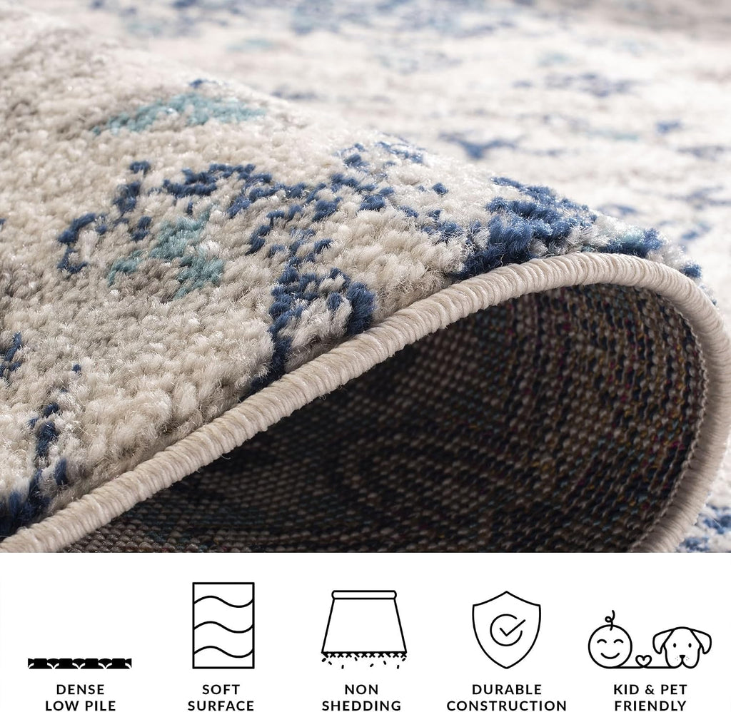 Madison Collection Area Rug - 5'3" Square, Cream & Light Grey, Boho Chic Glam Paisley Design, Non-Shedding & Easy