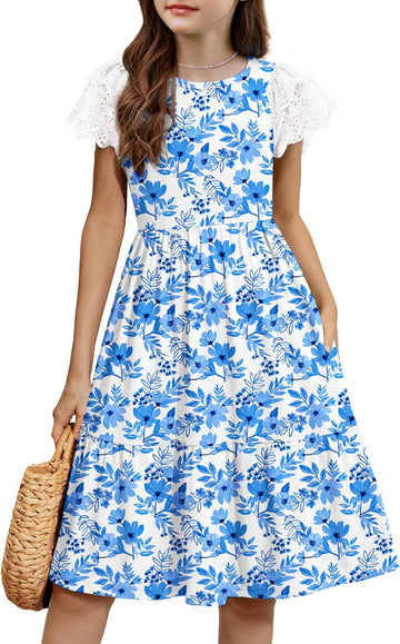 Girls Summer Dresses Casual Flutter Sleeve Midi Dress with Pockets