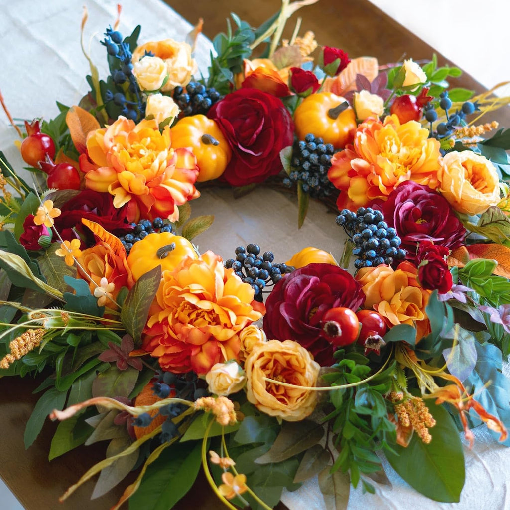24 Inch Artificial Harvest Fall Wreath for Front Door,Porch & Entryway,Wall