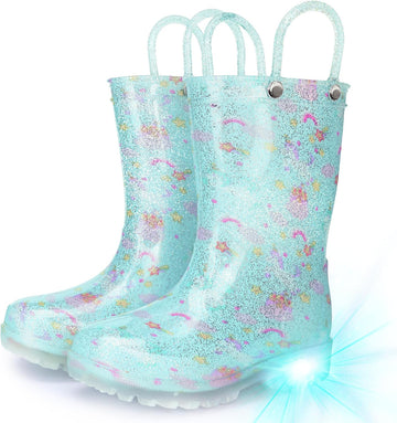 Rain Boots for Girls Toddlers - Light Up Kids Rainboots Boots Waterproof Lightweight Rain Shoes with Handles