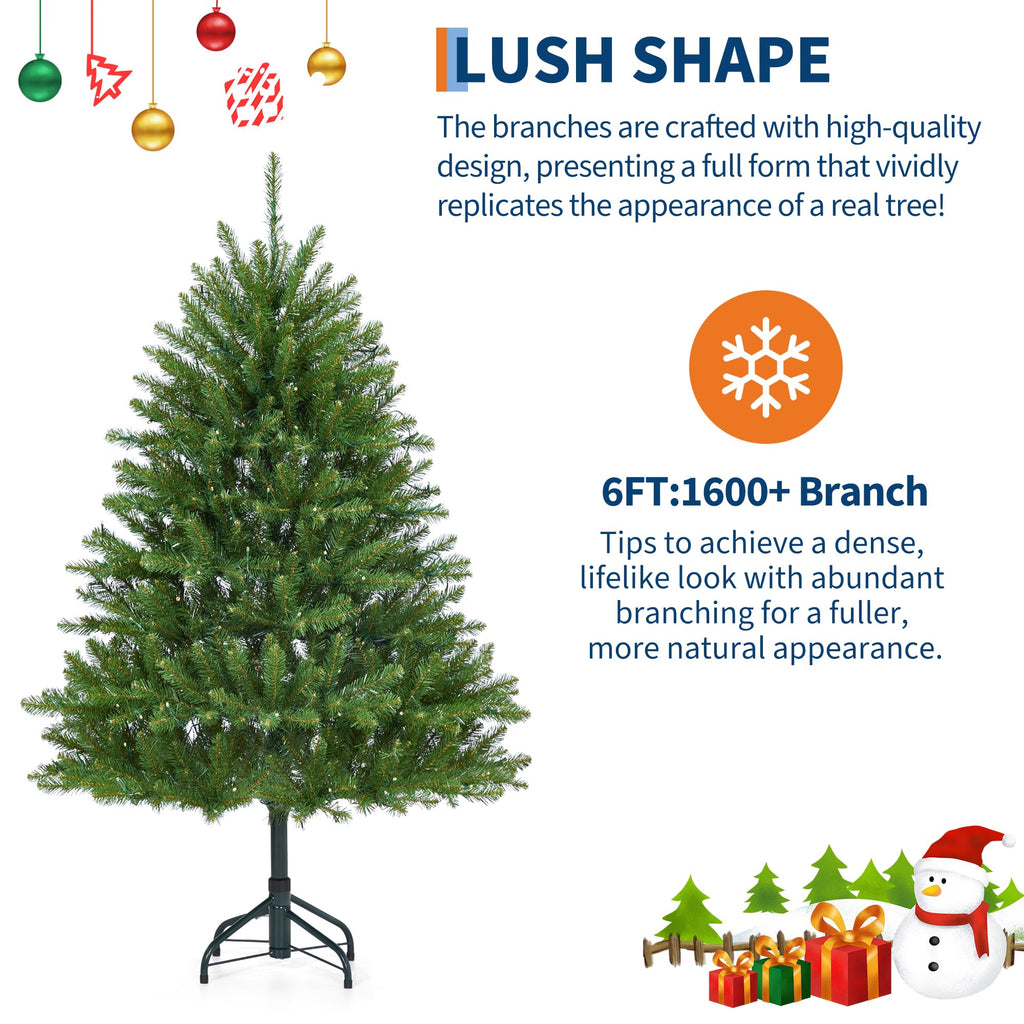 6ft Pre-Lit Artificial Spruce Christmas Tree with 450 Dual-Color LEDs, 1600 Thickened Branch Tips & 2 Lighting Modes
