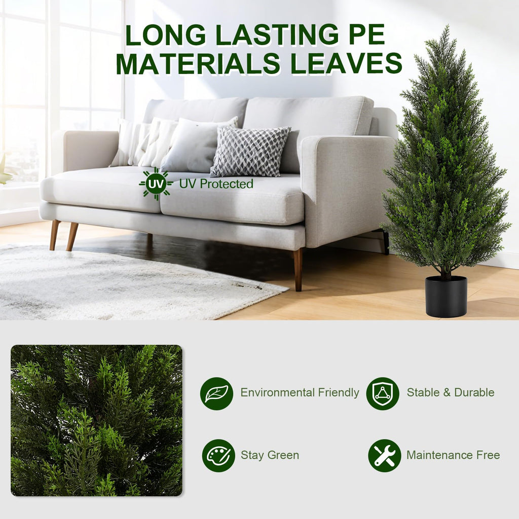 4FT Artificial Topiary Cedar Trees, UV-Resistant Faux Evergreen Outdoor Plants, Artificial Pine Tree for Outdoor