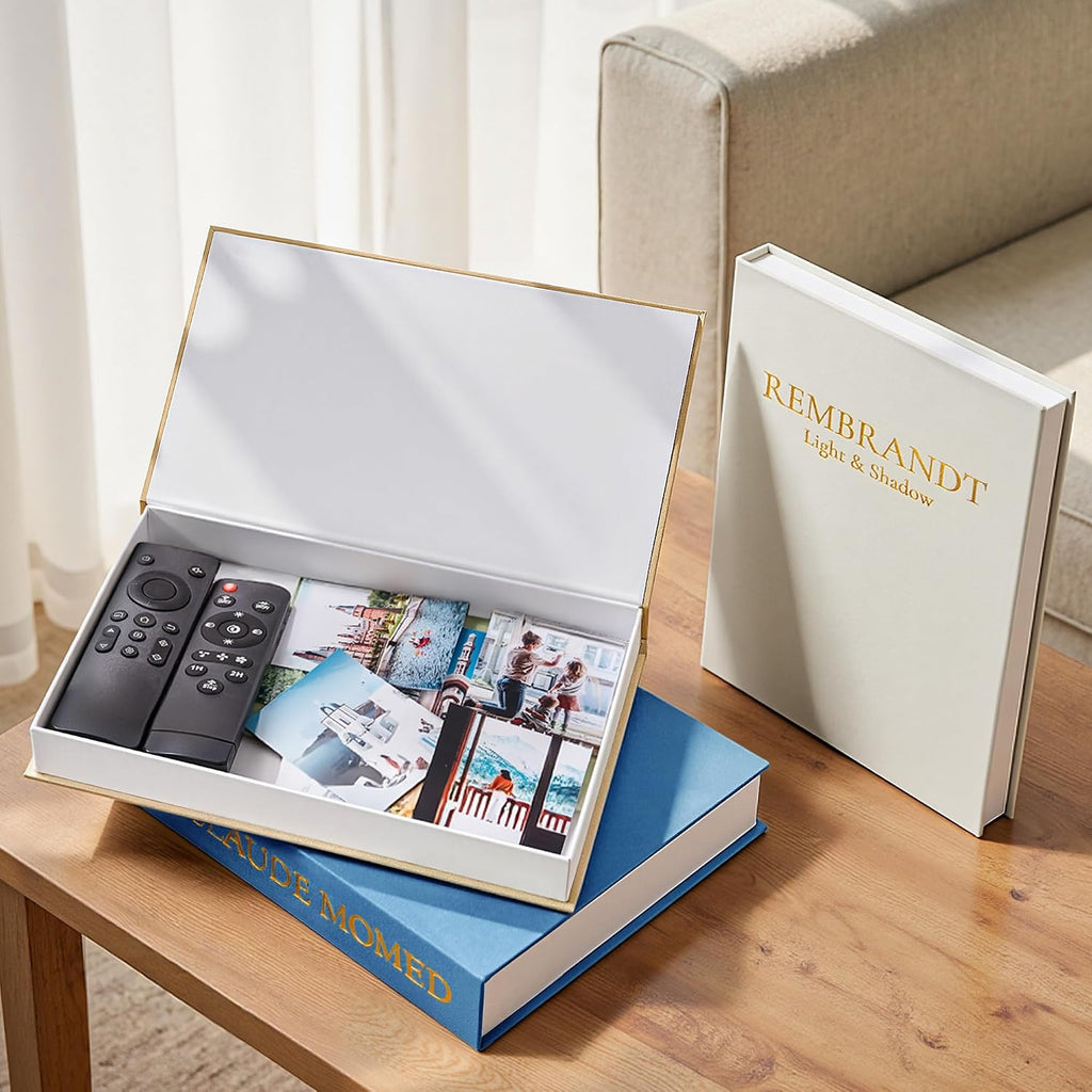 Aesthetic Decorative Books, Set of 3 Linen Faux Book Boxes, Blue | Stylish Storage Boxes Decor, Photo Organization, &
