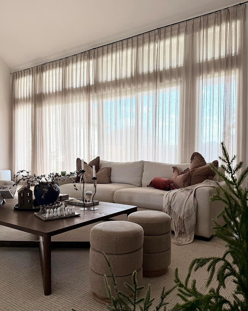 Light Brown Linen Textured Sheer Curtains 102 Inches Long Pinch Pleat Drapes for Living Room Bedroom Faux Linen
