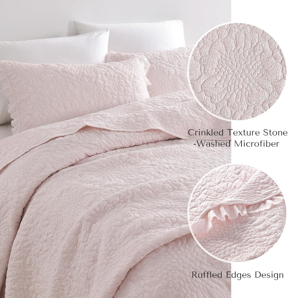 Pink Ruffled Quilt King, Stone-Washed Microfiber Lightweight Crinkled Farmhouse Rustic Shabby Chic Bedding Set, 3
