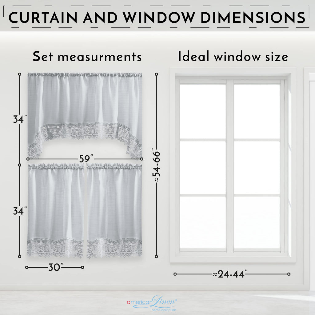 3-Piece Kitchen Café Curtains with Embroidered Lace (Gray)
