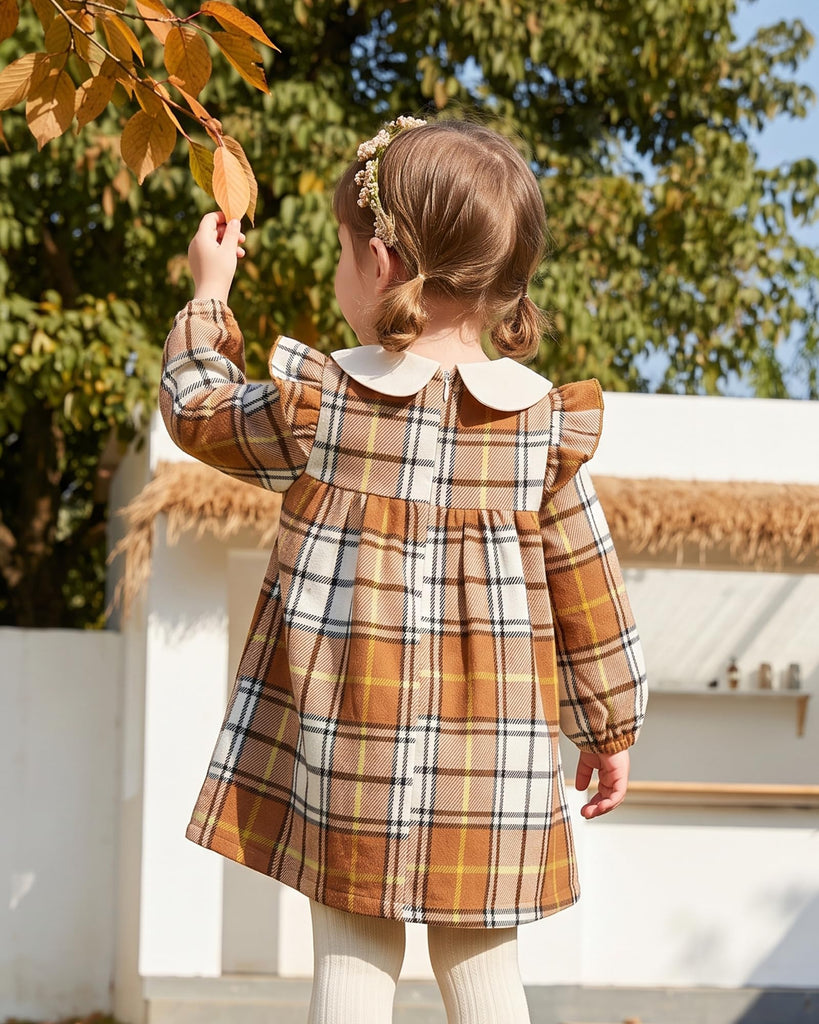 Little Girls Clothes Girl Fall Clothes Cute Brown White Plaid Winter Kids Dress Toddler Long Sleeve Swing