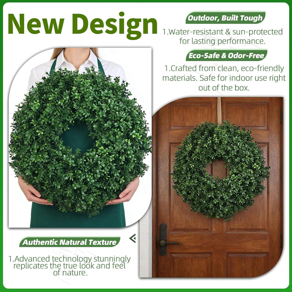 24 Inch Artificial Boxwood Wreath for Front Door - Lush Green Leaf Wreath for All Seasons, Faux Boxwood Door Decor