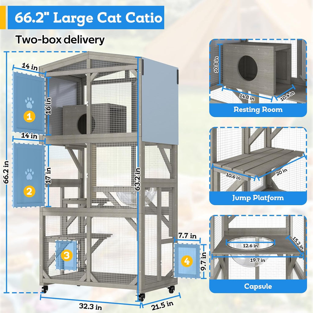 66.2" Catio Outdoor Cat Enclosure with Wheels & Window Access, Portable Large Wooden Cat Catio Cage for Balcony