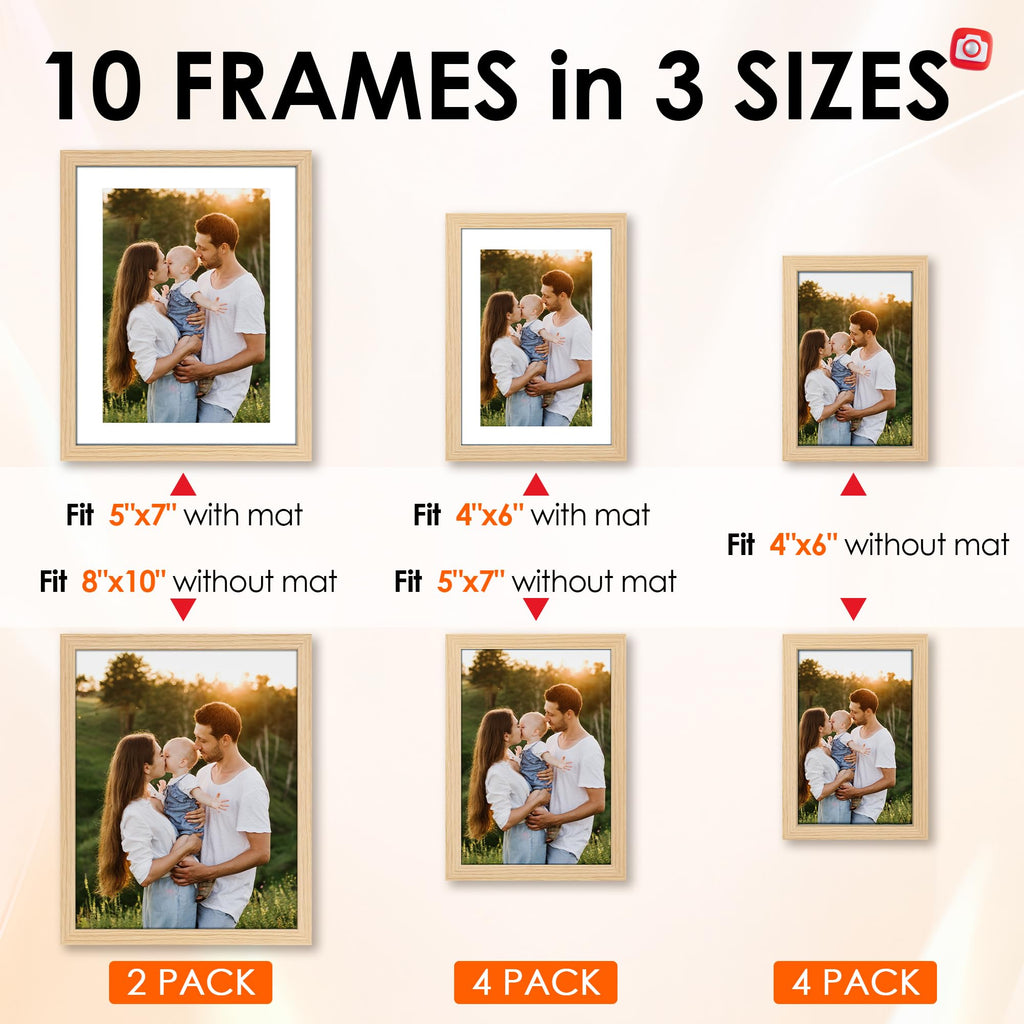 10 Pack Natural Picture Frames Collage Wall Decor for Mounting or Tabletop Display, Gallery Wall Frame Set with Two