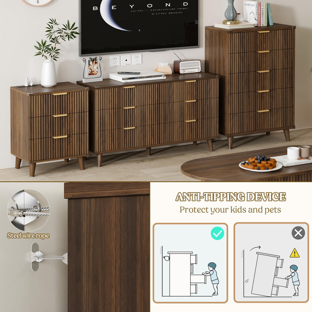 Wood Tall 6 Drawers Dresser, 53.2" W Fluted Modern Dressers