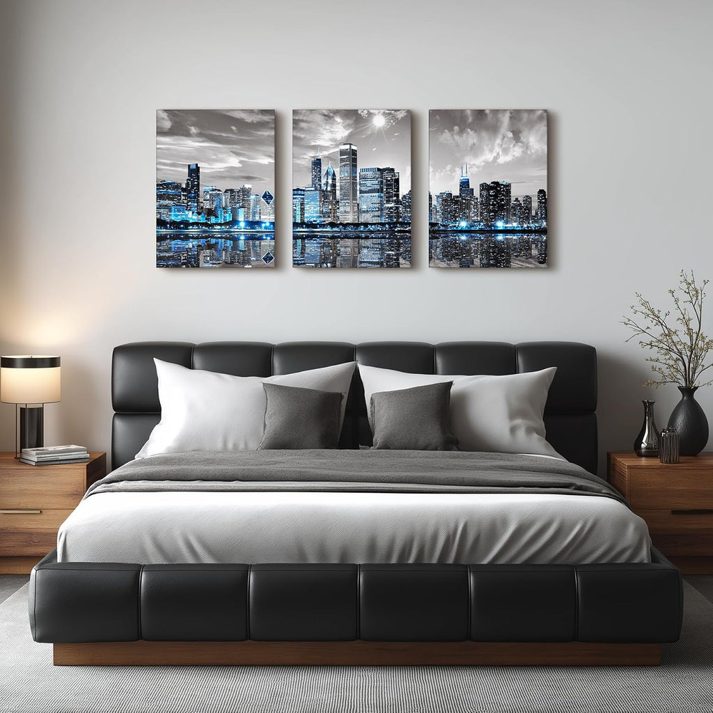 Chicago Skyline Wall Art , Modern City Pictures Canvas Wall Decor Bedroom 3 Pieces Set Night Scene Prints Paintings