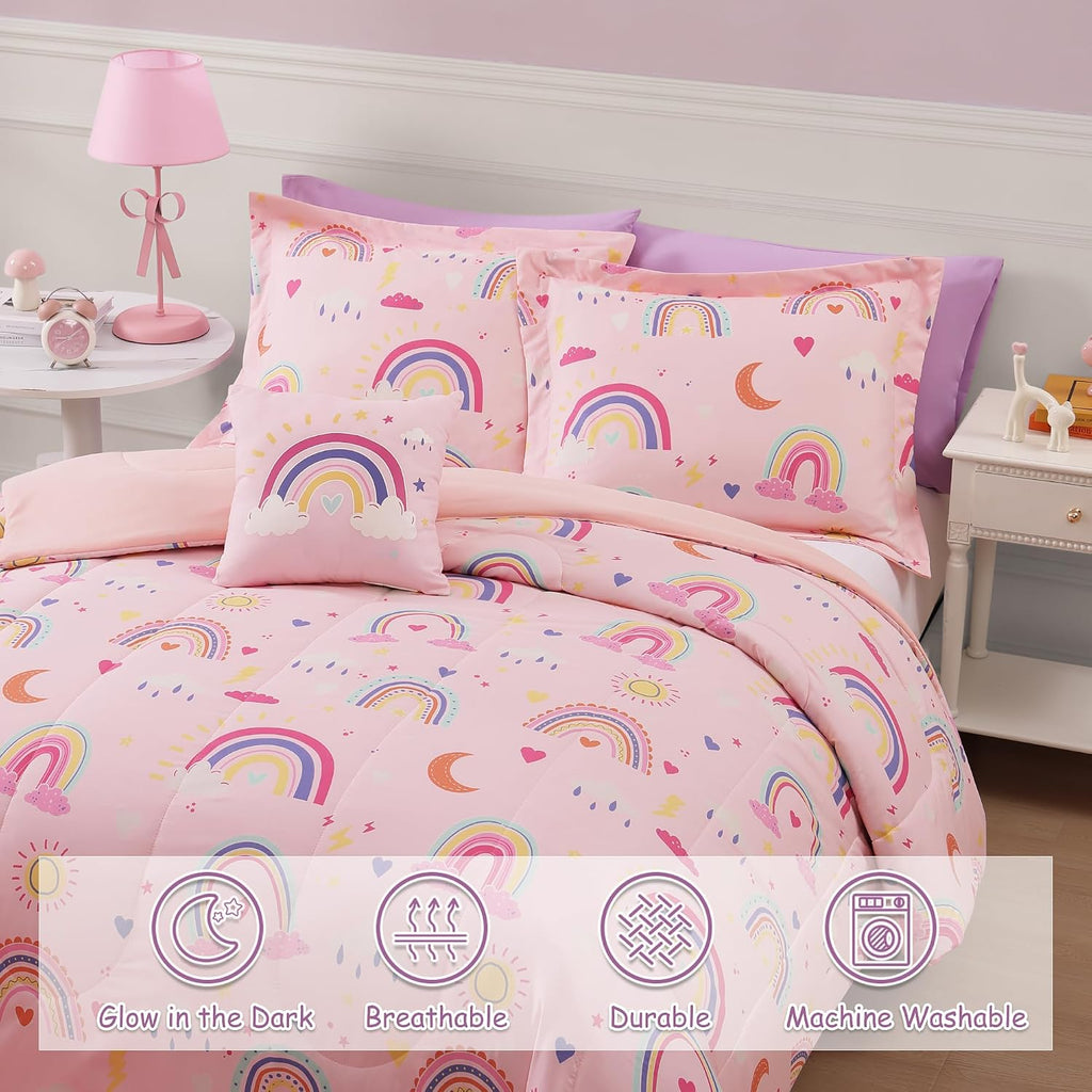 Glow in The Dark Twin Comforter Set for Girls, Pink Rainbow Bedding Set for Kids 1 Comforter, 1 Decor Pillow, 1