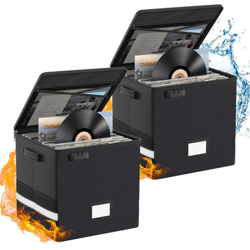 Vinyl Record Storage Box with Lock, 2-Pack Fireproof & Waterproof