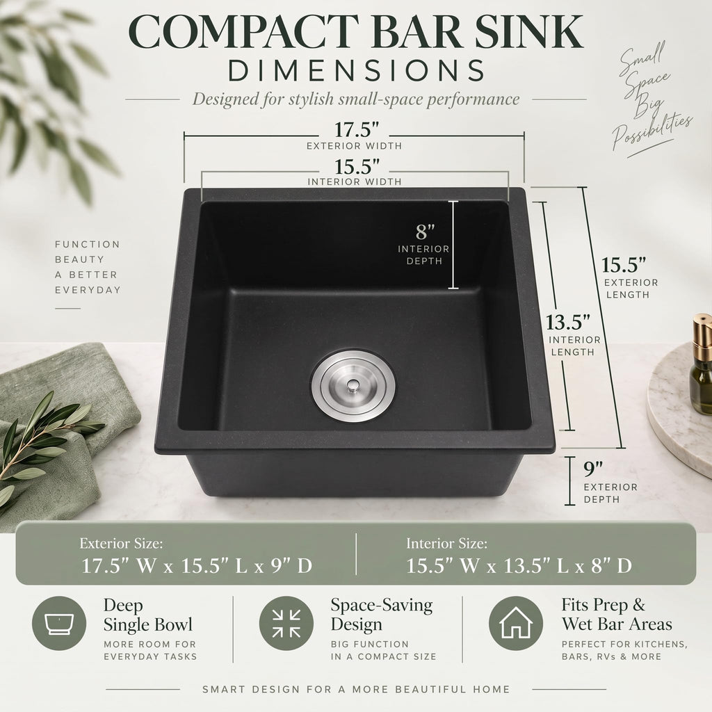 Black Bar Sink 15×17 Inch, Undermount & Drop-In Small Kitchen Sink
