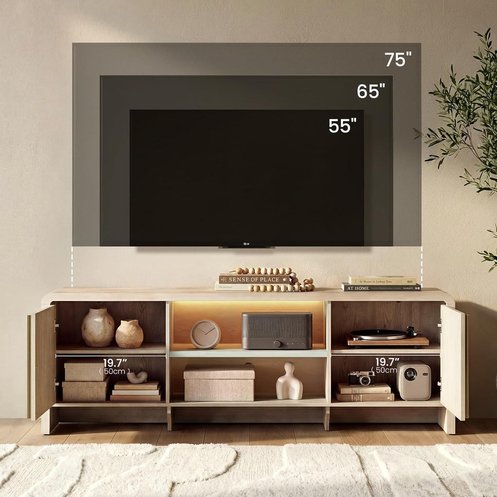70" Fluted TV Stand with LED Light for TVs up to 80 Inch, Modern Television Console Storage Cabinet with Adjustable