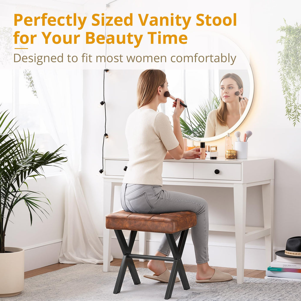 Vanity Stool, Square Faux Leather Makeup Stool with Metal X Legs, Small Ottoman Stool Chair for Vanity, Modern Padded