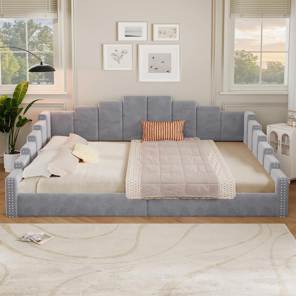 Upholstered Queen Size Daybed with Nailhead Trim, Velvet Platform Bed Frame, No Box Spring Needed, Gray | Velvet