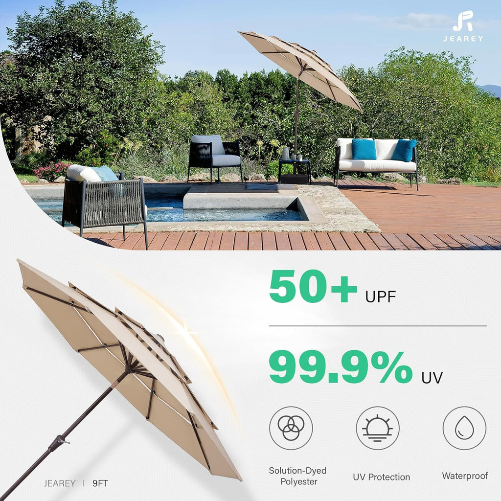 9FT 3 Tier Patio Umbrella Outdoor Market Umbrella Table Umbrellas with 8 Ribs 1.5 Pole Push Button Tilt and Crank UV - B