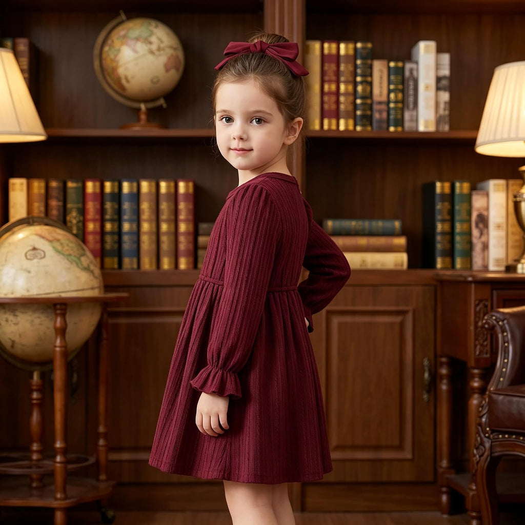 Toddler Baby Girl Dress Puff Long Sleeve Knit Sweater Fall Winter Ribbed Ruffle Casual Solid Dress with Pockets