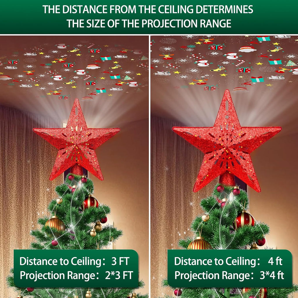 Tree Topper Lighted with 6 Projected Patterns -Christmas Star Tree Topper Built-Led Rotating Lights -3D Glitter