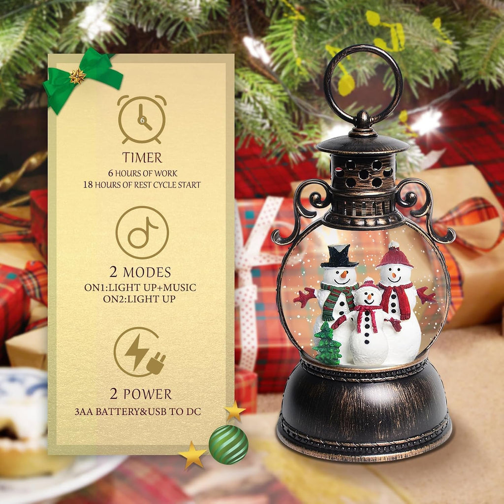 Christmas Snow Globes, Christmas Snowman Snow Globes Lantern with 8 Songs, 6H Timer Battery & USB Powered Glitter