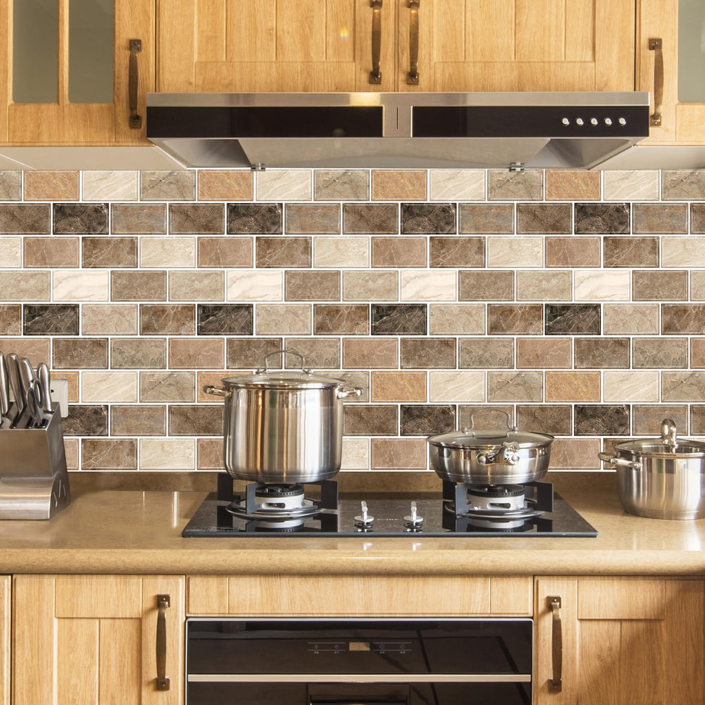 10-Sheet Stick on Backsplash ,12"x12" Peel and Stick Self Adhesive Wall Tiles Back Splashes Brown Marble Look