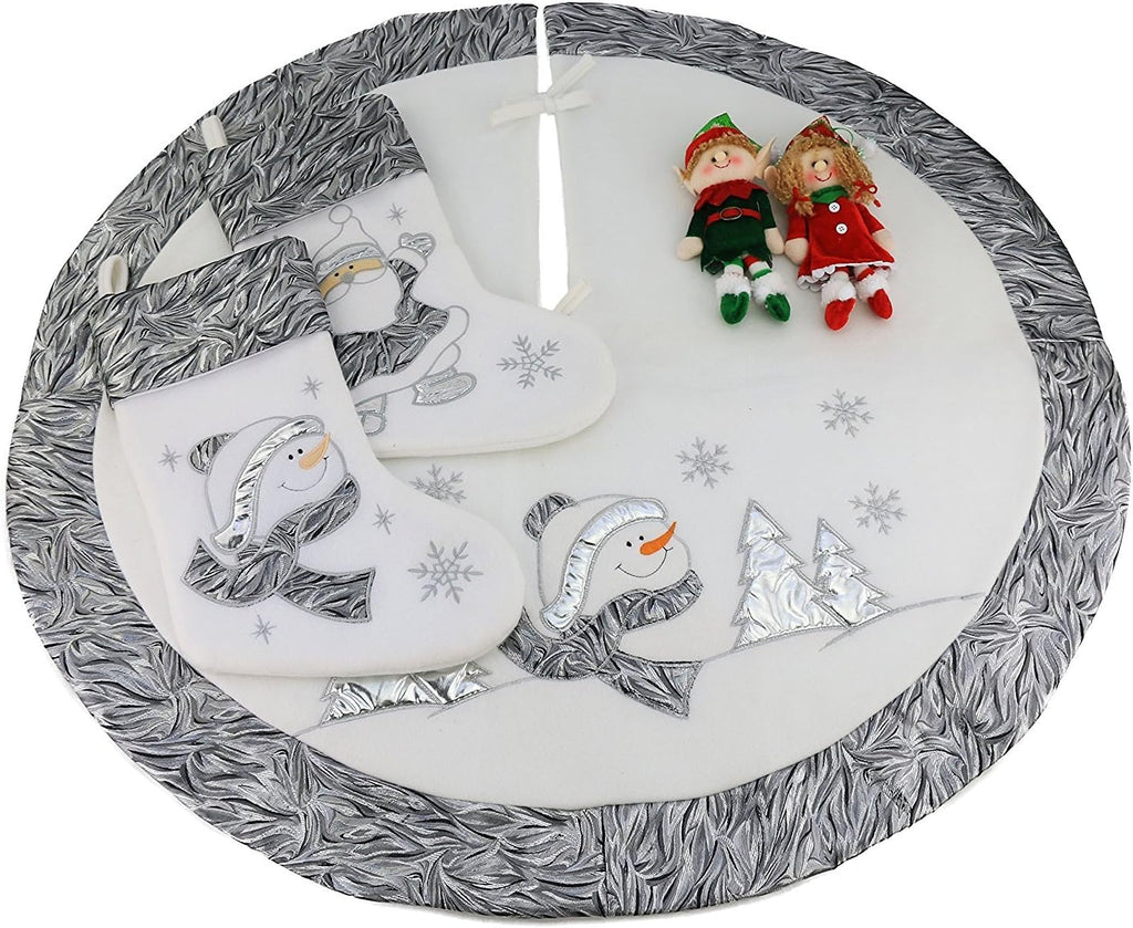 Classic White Silvery Christmas Stockings Santa, Snowman Xmas Character Fireplace Hanging Stockings 17 - Set of 2