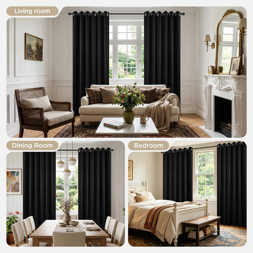 Blackout Curtains 120 Inch Long 2 Panels, Room Darkening Grommet Drapes, Thermal Insulated Black Out Drapes, Black