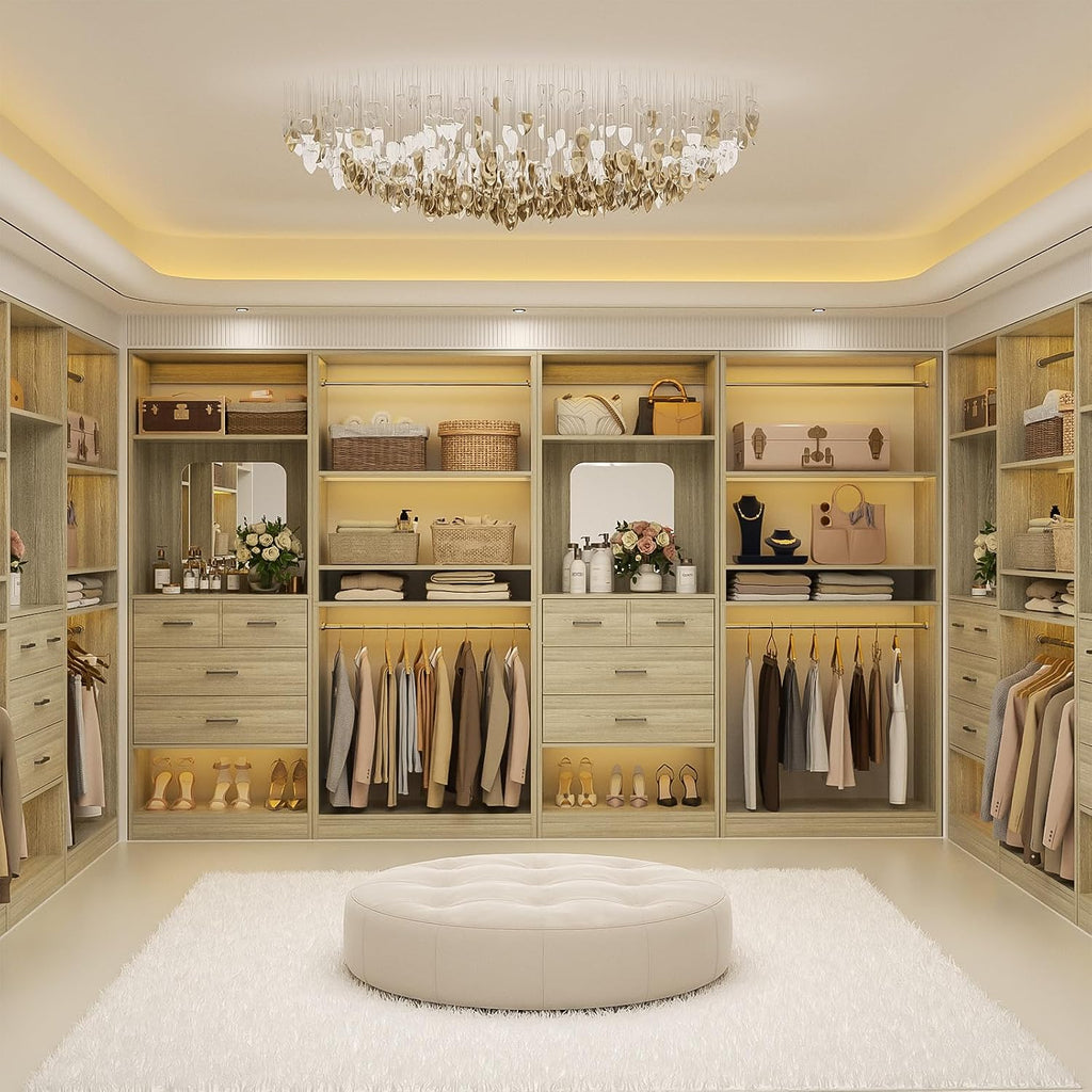 61" Closet System, Heavy Duty Wood Closet Organizer with 2 Hanging Rods, Walk-in Wardrobe Garment Rack with