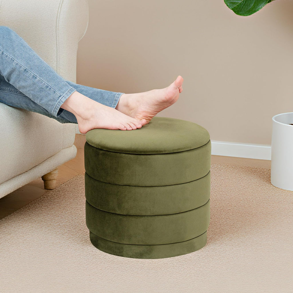 Round Storage Ottoman, 15.4" Velvet Footstool, Olive Green