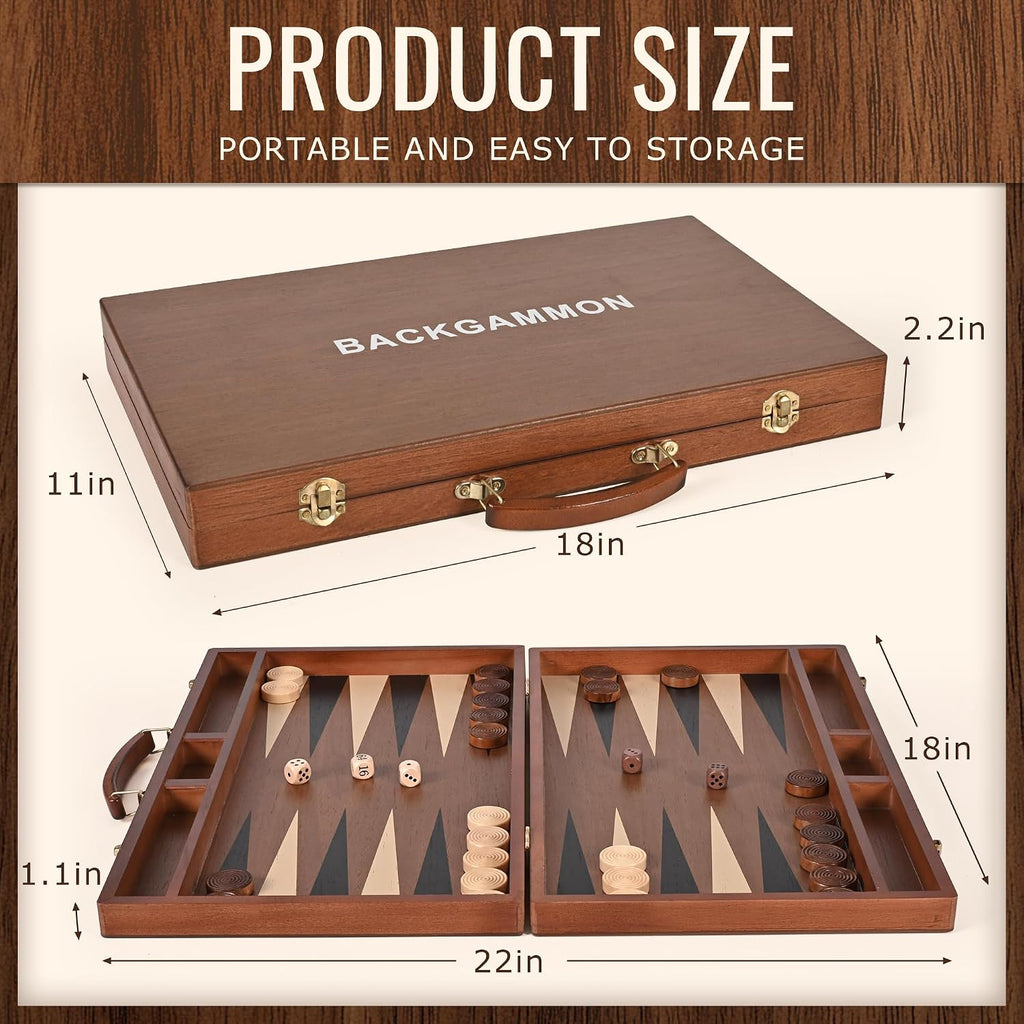Sapele Wood Backgammon Board Game Set (18 Inches) for Adults and Kids - Classic Board Strategy Game - Portable