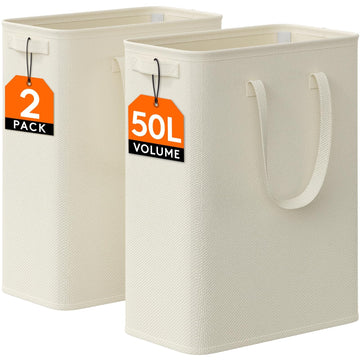 2 Pack Slim Laundry Hamper with Handles, 50L, White