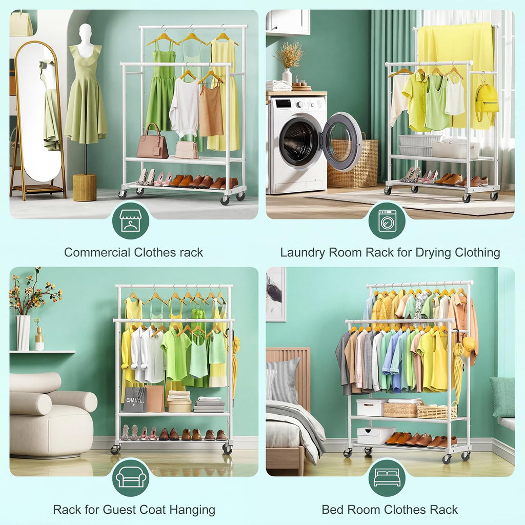 Double Rods Clothes Rack for Hanging Clothes, Heavy Duty Rolling Clothing Rack with Wheels, Freestanding Garment